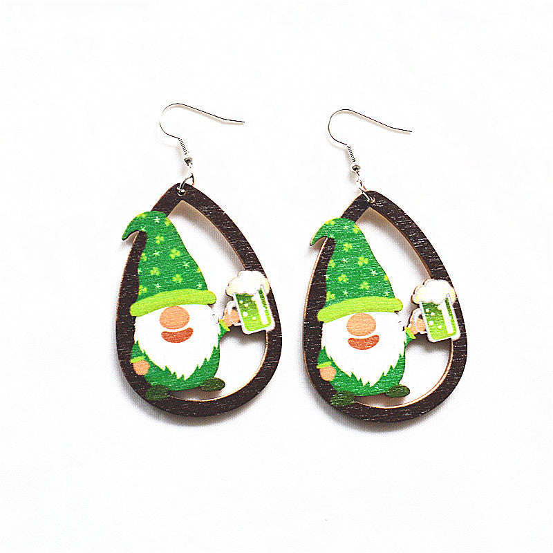Wholesale St. Patrick's Day Shamrock Green Rainbow Gnome Wooden Earrings